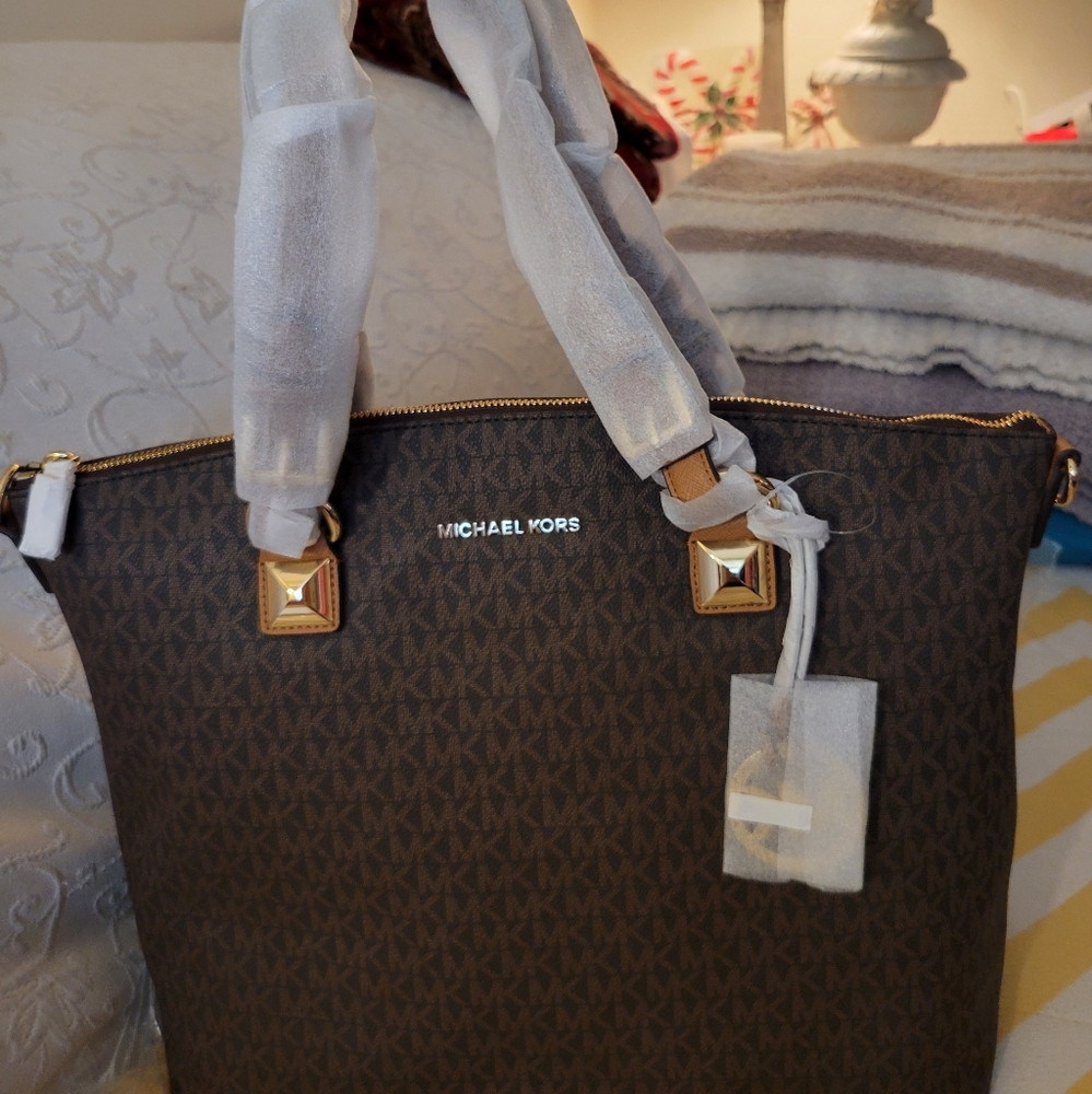 Michael Kors Karla Brown Leather Tote with Signature Monogram. NWT